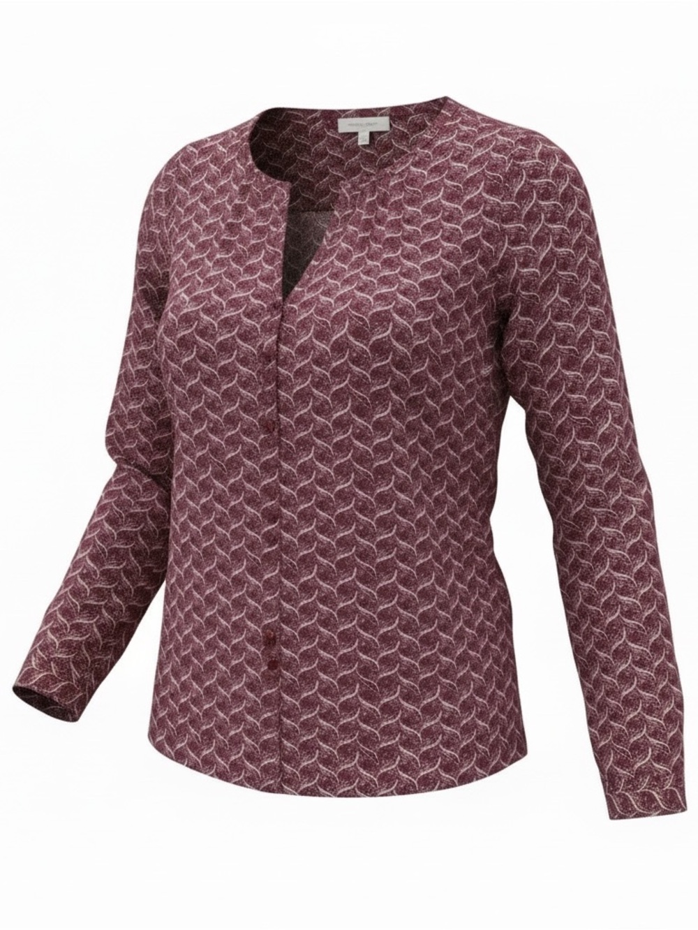 Maeve Maroon Patterned Collarless Button Down Long-Sleeve Top. Size small.